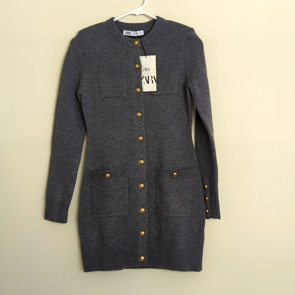 ZARA WOMAN GRAY KNIT POCKET MINI DRESS Gold buttons Long sleeves 3920/031 S NWT - Picture 9 of 13